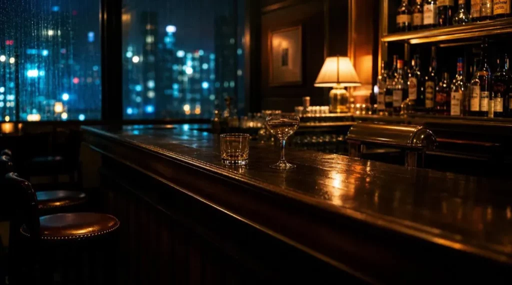 Bar d'hôtel désert la nuit, deux verres posés face à la ville