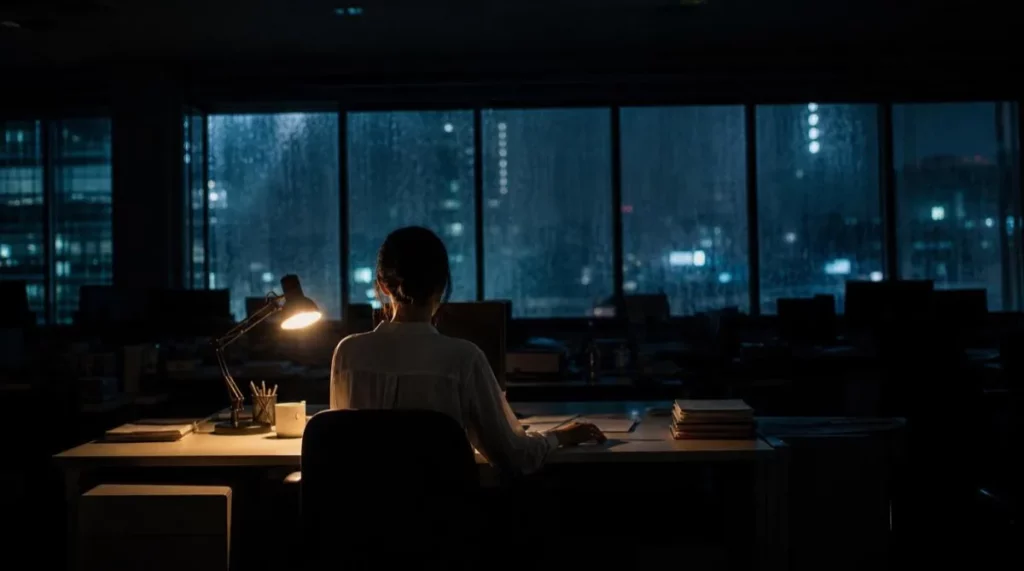 Bureau désert la nuit sous la pluie, une femme seule restée à son poste