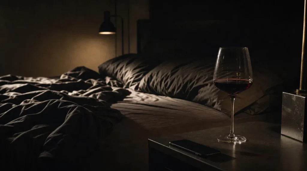 Chambre sombre avec un verre de vin et un téléphone posé face contre table