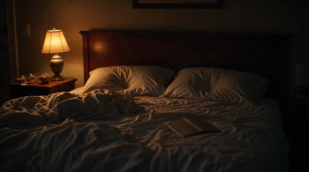 Lit défait éclairé par une lampe de chevet, un livre ouvert sur les draps