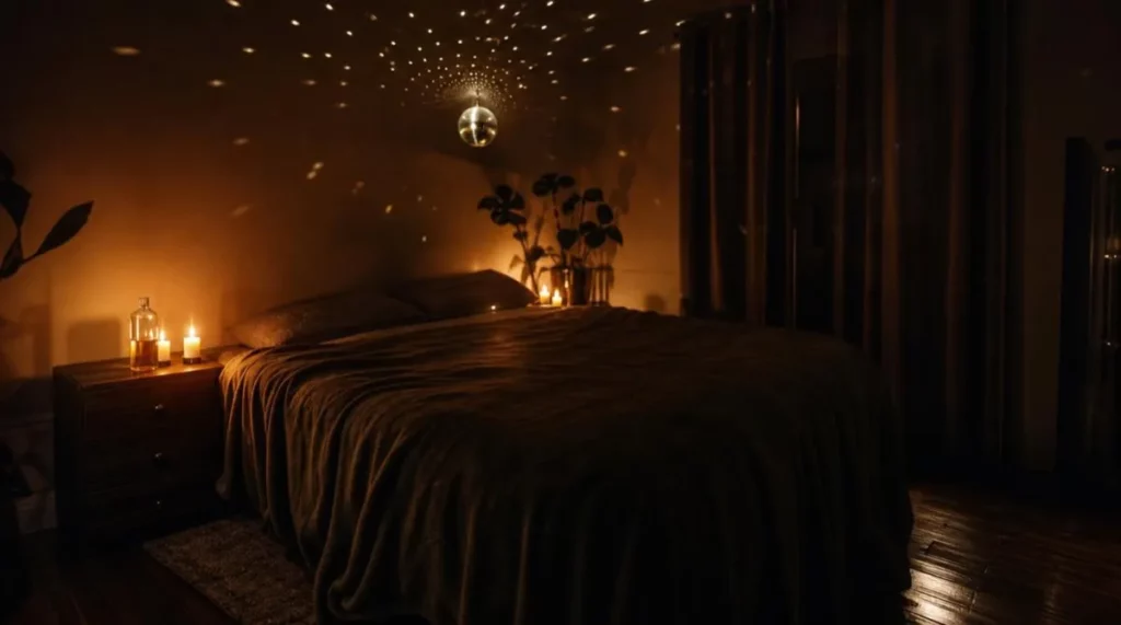 Chambre éclairée aux bougies, lit préparé pour un massage