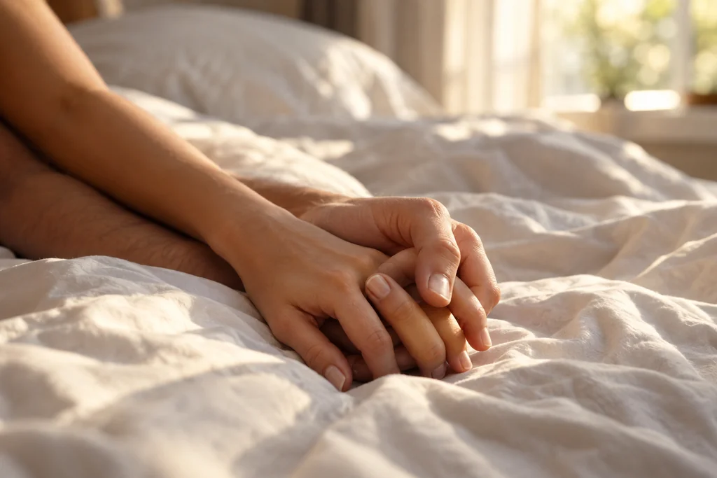 Deux mains entrelacées sur des draps blancs, dans la lumière du matin