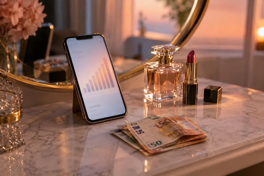 Téléphone affichant une courbe qui monte, billets en euros, parfum et rouge à lèvres sur une coiffeuse