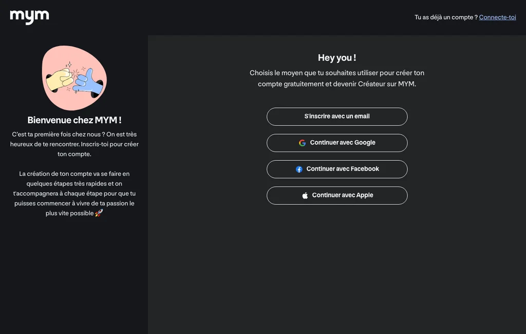 Deuxième étape : s'inscrire avec un e-mail, Google, Facebook ou Apple