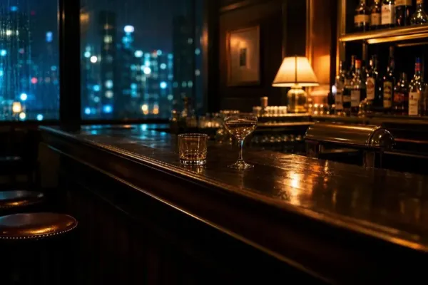 Comptoir d'un bar d'hôtel la nuit, face aux lumières de la ville