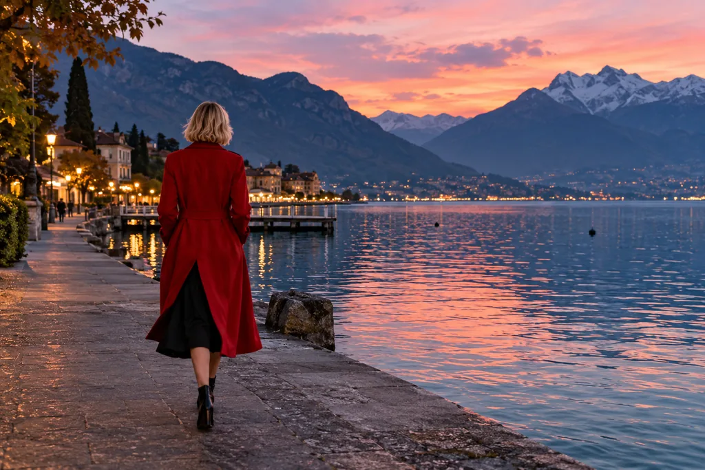 Femme blonde en manteau rouge, de dos, sur la promenade du lac d'Annecy au crépuscule