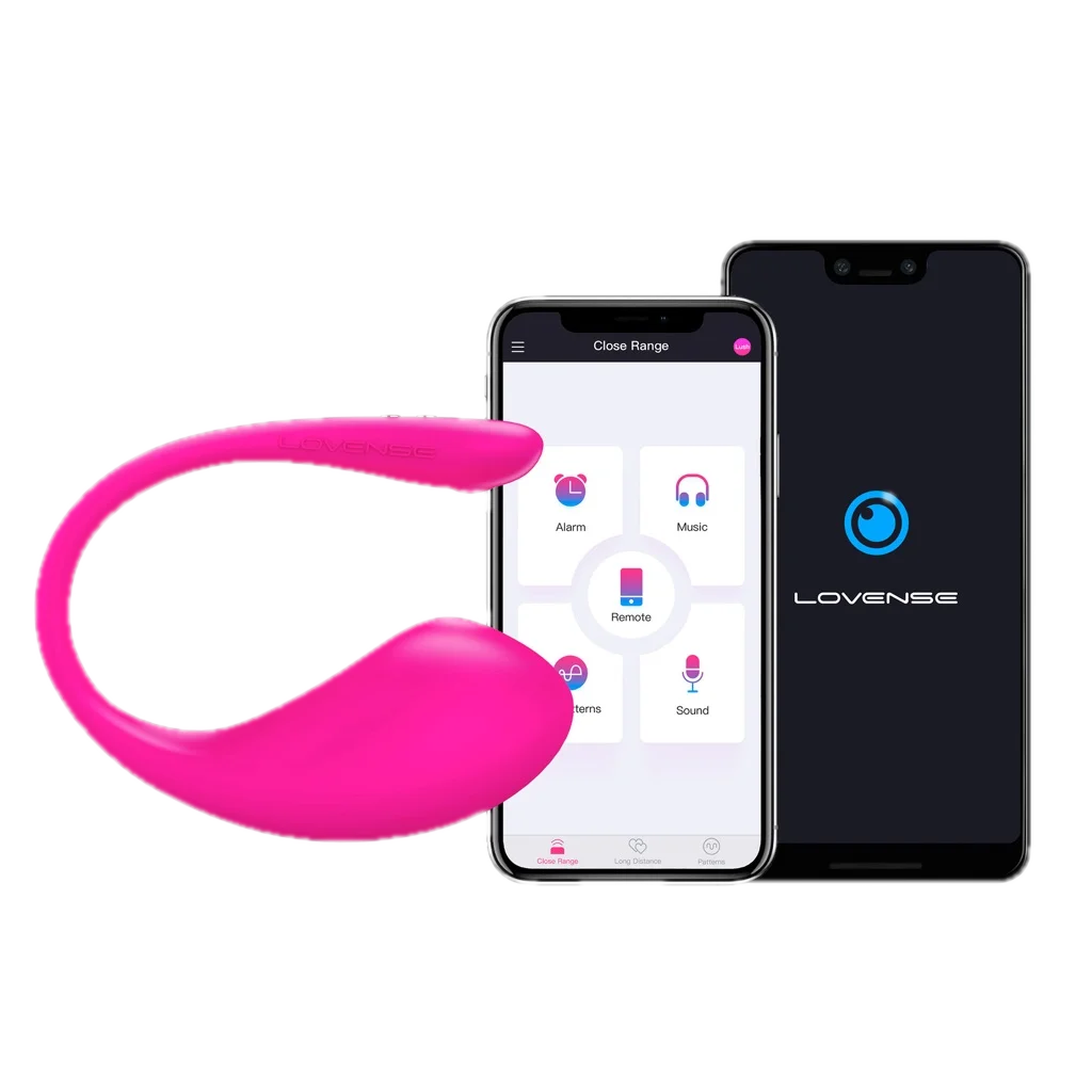 Lovense Lush 3, œuf vibrant connecté rose, à côté de son application sur un téléphone