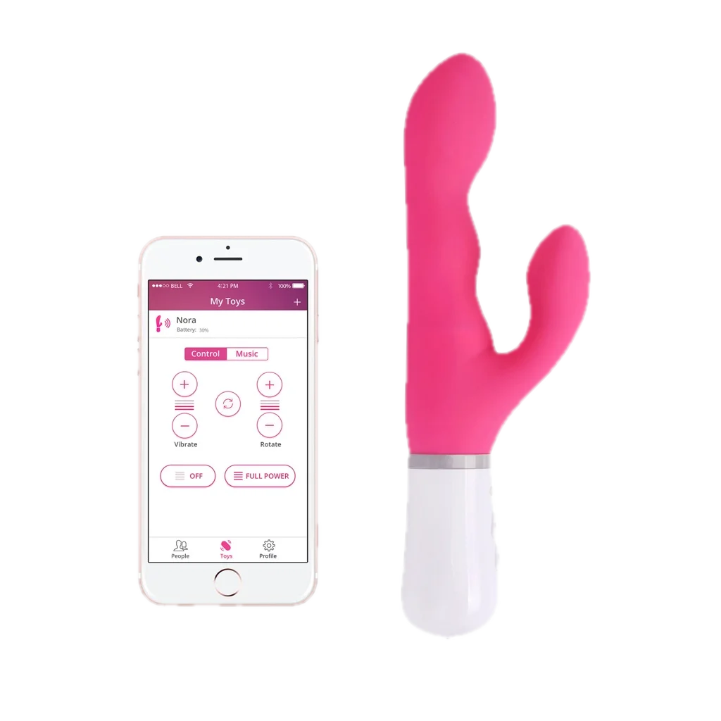 Lovense Nora, rabbit connecté rose à tête rotative, à côté de son application sur un téléphone