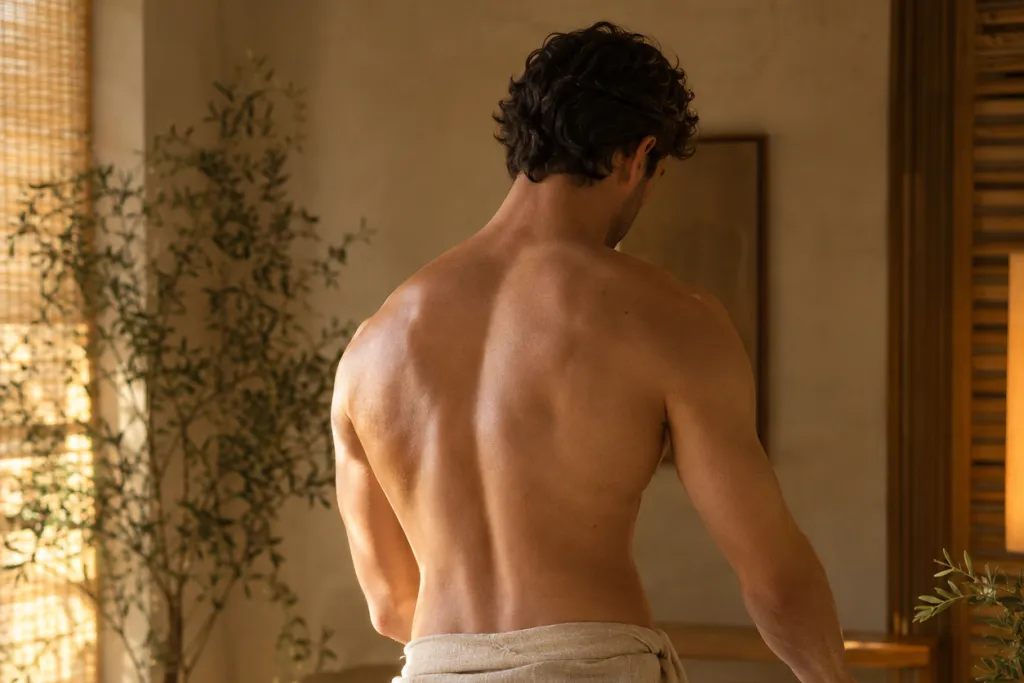 Masseur vu de dos, un paréo de lin noué à la taille, qui plie une serviette blanche
